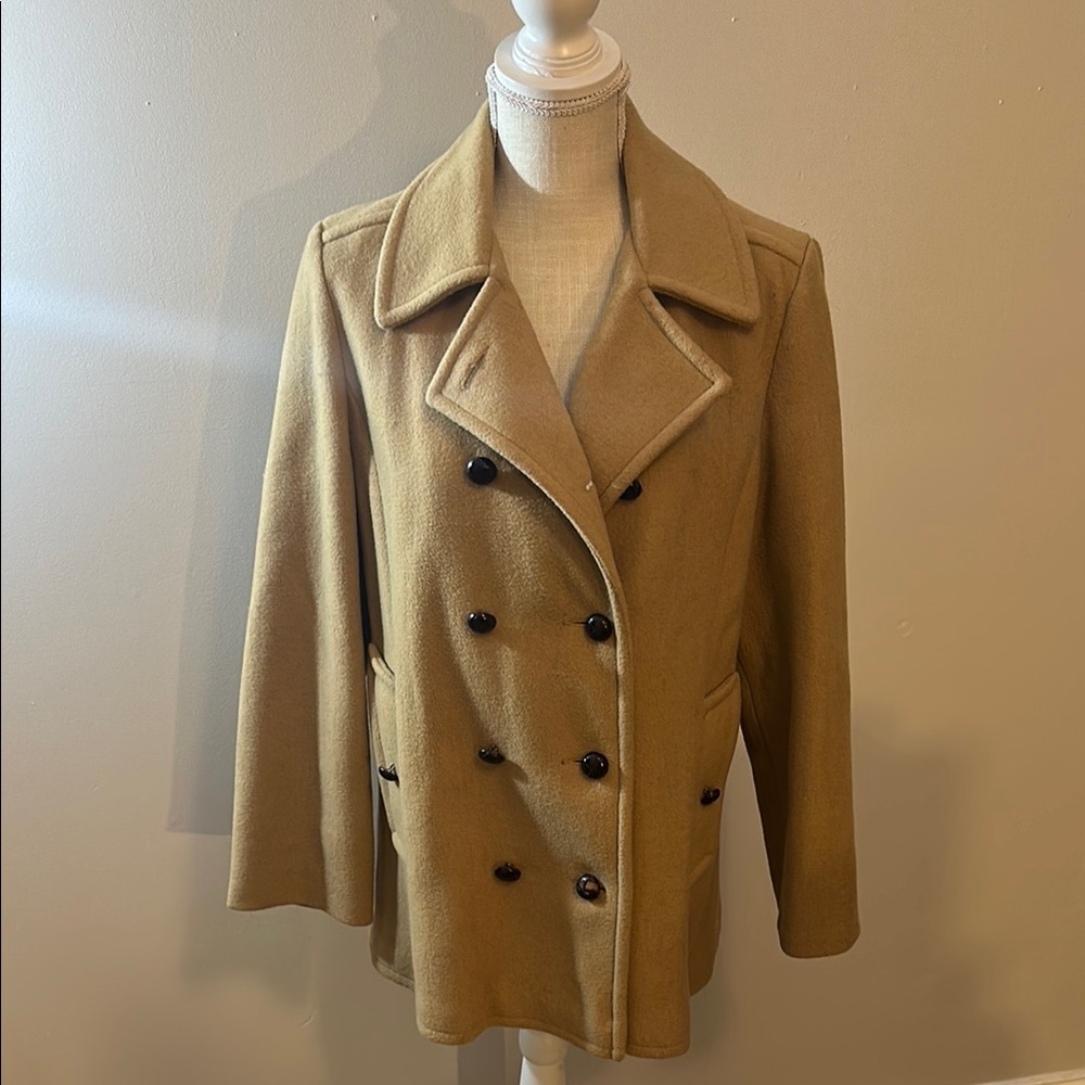 Sears‎ Vintage Tan Wool Pea Coat with Wide Lapels and Double-Breasted Design